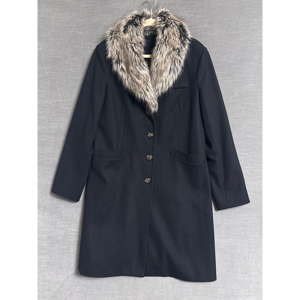Moda Coat L Black Faux Fur Removable Pea Car Day Coat Trench Maximalist Retro